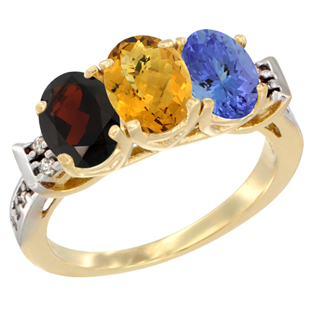 10K Yellow Gold Natural Garnet, Whisky Quartz & Tanzanite Ring 3-Stone Oval 7x5 mm Diamond Accent, sizes 5 - 10