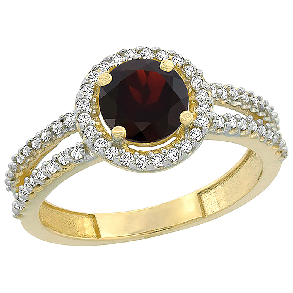 10K Yellow Gold Natural Garnet Diamond Halo Ring Round 6mm, sizes 5 - 10