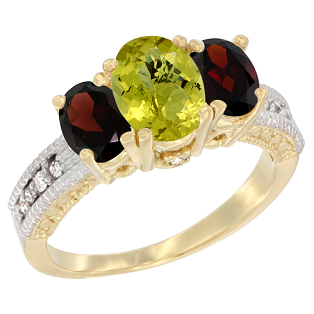 10K Yellow Gold Diamond Natural Lemon Quartz Ring Oval 3-stone with Garnet, sizes 5 - 10