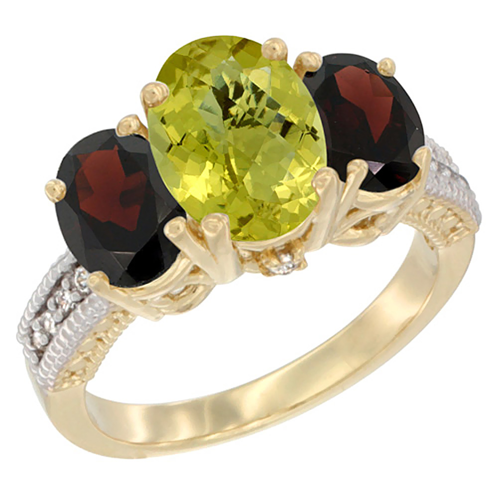 14K Yellow Gold Diamond Natural Lemon Quartz Ring 3-Stone Oval 8x6mm with Garnet, sizes5-10