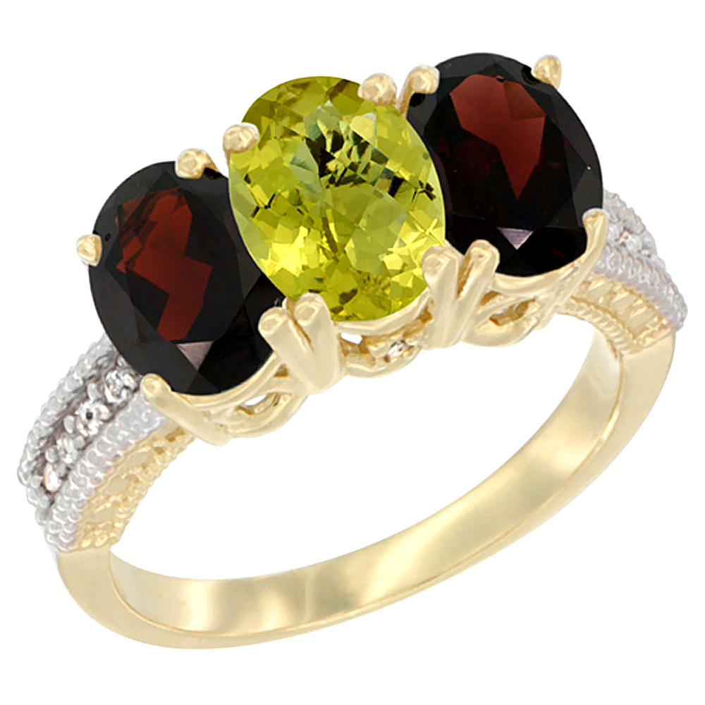 14K Yellow Gold Natural Lemon Quartz & Garnet Sides Ring 3-Stone 7x5 mm Oval Diamond Accent, sizes 5 - 10