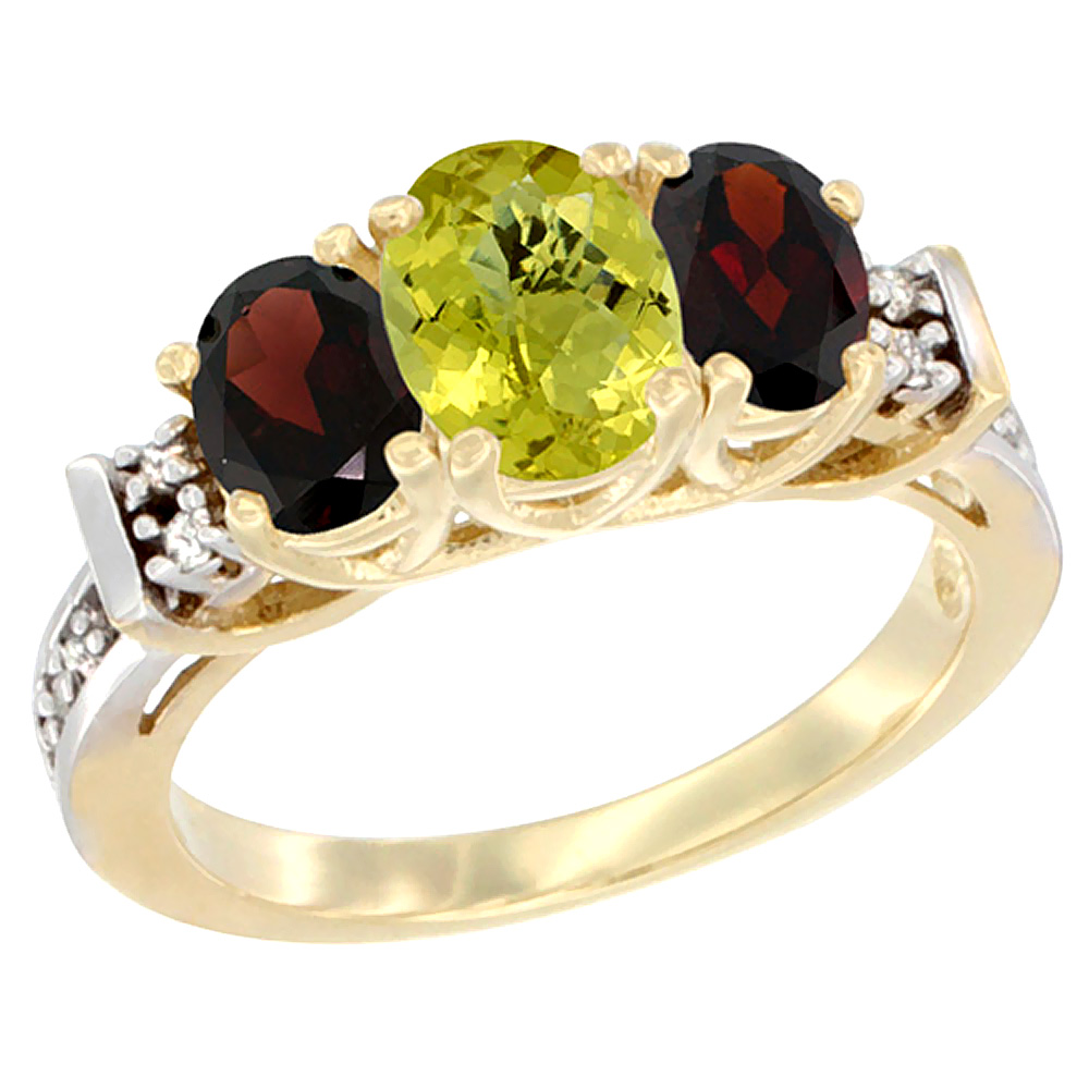 14K Yellow Gold Natural Lemon Quartz & Garnet Ring 3-Stone Oval Diamond Accent