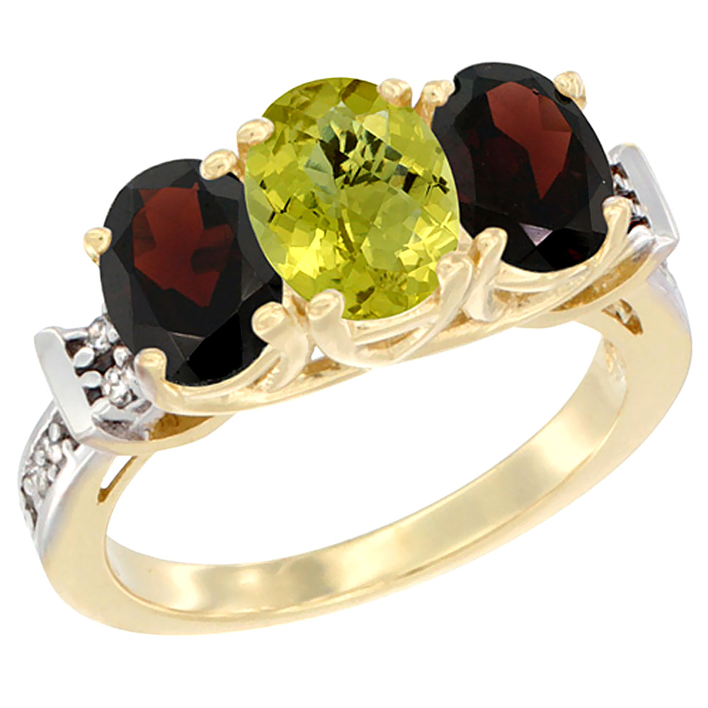 10K Yellow Gold Natural Lemon Quartz & Garnet Sides Ring 3-Stone Oval Diamond Accent, sizes 5 - 10