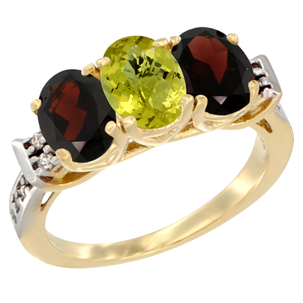 10K Yellow Gold Natural Lemon Quartz & Garnet Sides Ring 3-Stone Oval 7x5 mm Diamond Accent, sizes 5 - 10