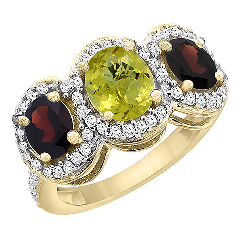 14K Yellow Gold Natural Lemon Quartz & Garnet 3-Stone Ring Oval Diamond Accent, sizes 5 - 10