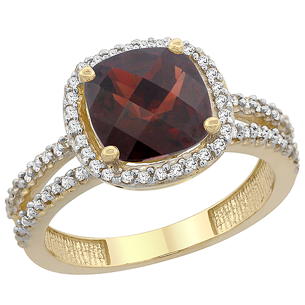 14K Yellow Gold Natural Garnet Ring Cushion-cut 8x8 mm 2-row Diamond Accents, sizes 5 - 10