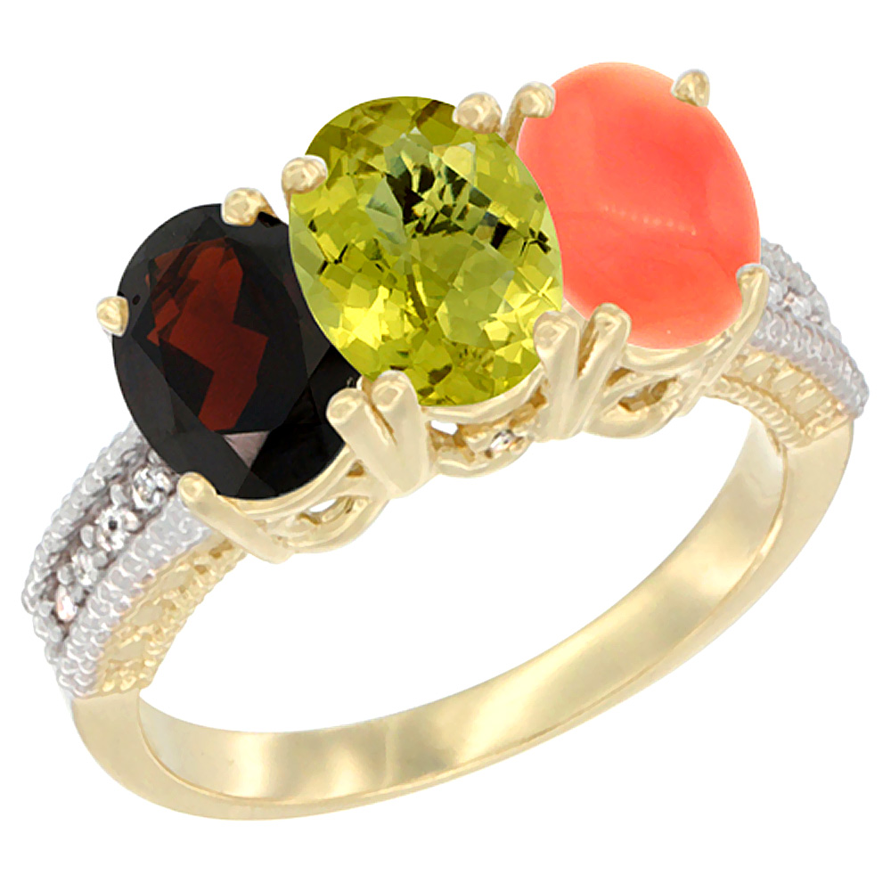 14K Yellow Gold Natural Garnet, Lemon Quartz & Coral Ring 3-Stone 7x5 mm Oval Diamond Accent, sizes 5 - 10