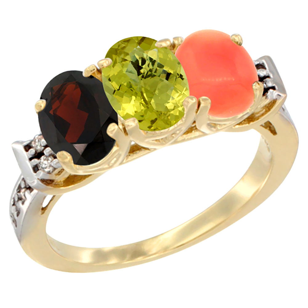 14K Yellow Gold Natural Garnet, Lemon Quartz & Coral Ring 3-Stone 7x5 mm Oval Diamond Accent, sizes 5 - 10