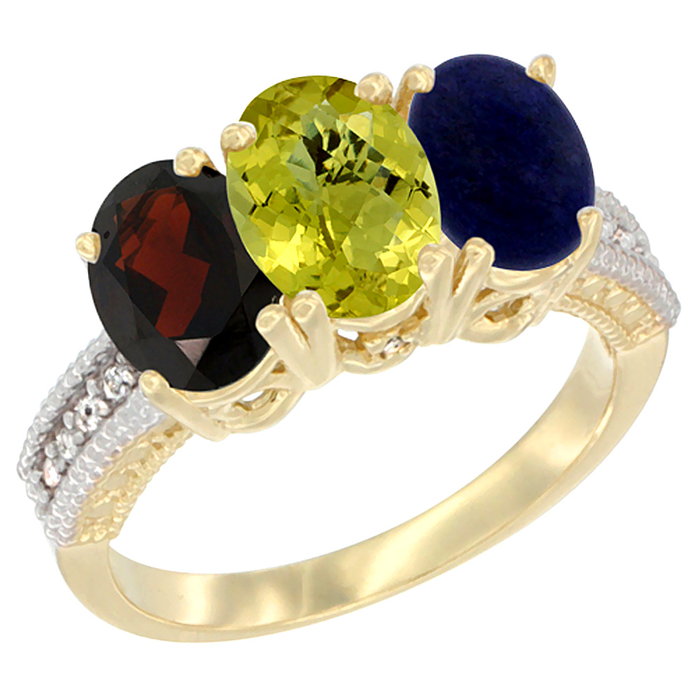 14K Yellow Gold Natural Garnet, Lemon Quartz & Lapis Ring 3-Stone 7x5 mm Oval Diamond Accent, sizes 5 - 10