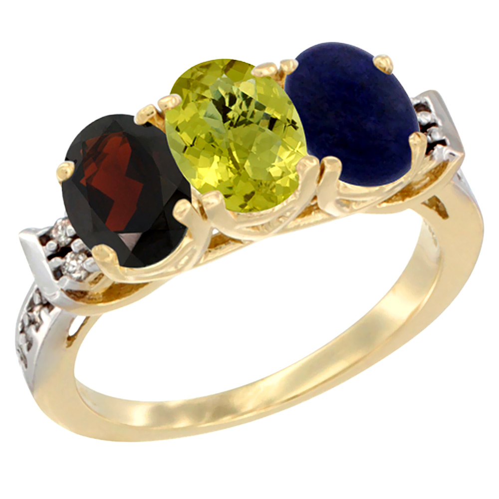 14K Yellow Gold Natural Garnet, Lemon Quartz & Lapis Ring 3-Stone 7x5 mm Oval Diamond Accent, sizes 5 - 10