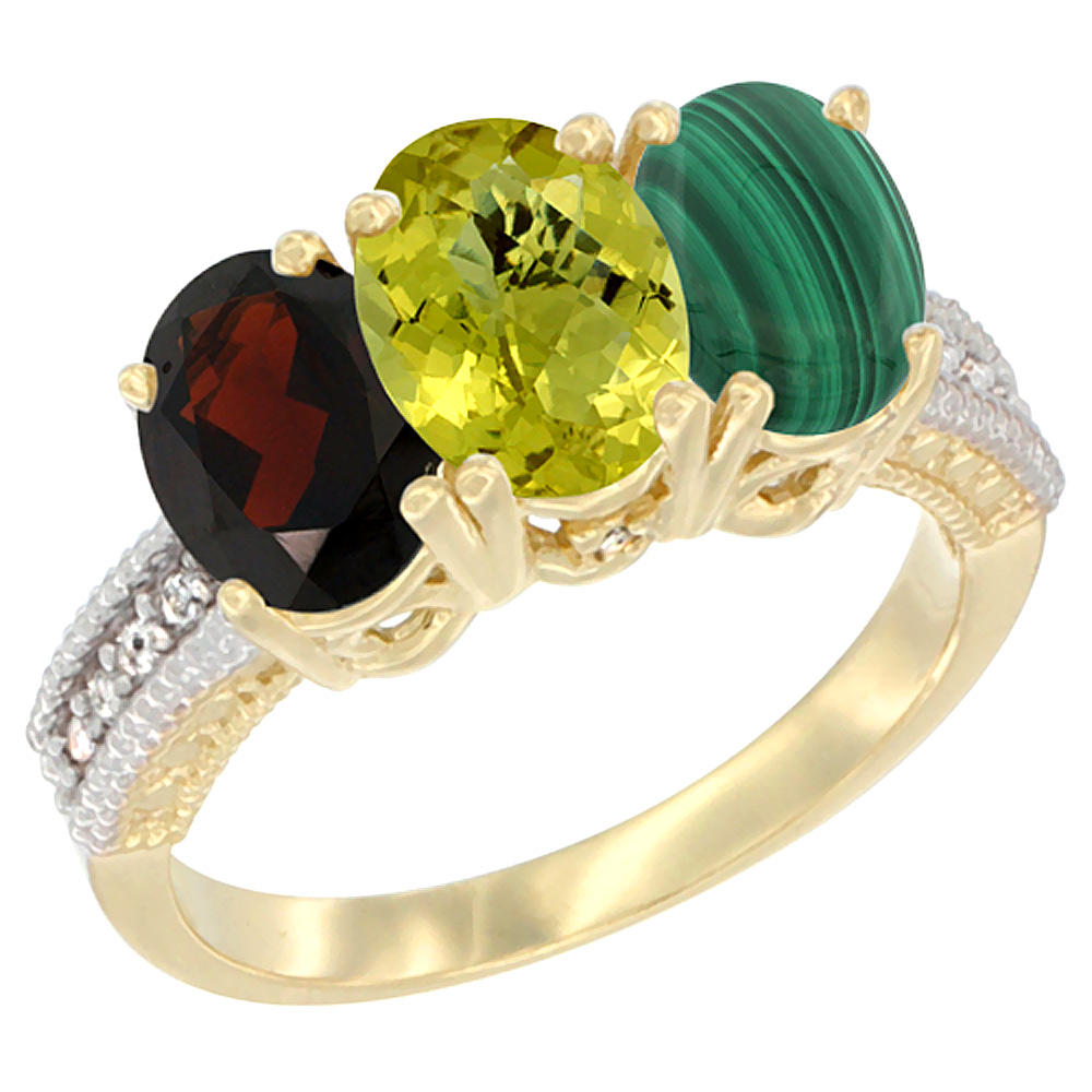 14K Yellow Gold Natural Garnet, Lemon Quartz & Malachite Ring 3-Stone 7x5 mm Oval Diamond Accent, sizes 5 - 10