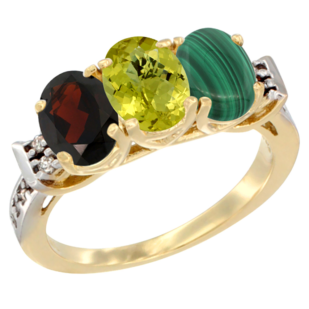 10K Yellow Gold Natural Garnet, Lemon Quartz &amp; Malachite Ring 3-Stone Oval 7x5 mm Diamond Accent, sizes 5 - 10