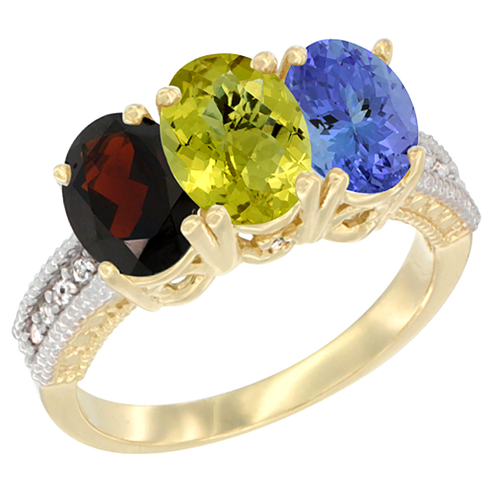 10K Yellow Gold Diamond Natural Garnet, Lemon Quartz & Tanzanite Ring 3-Stone 7x5 mm Oval, sizes 5 - 10