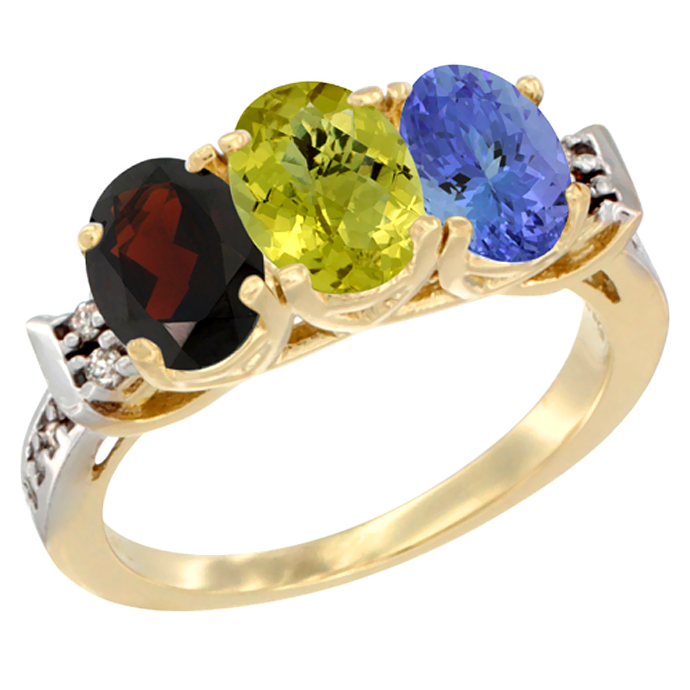 10K Yellow Gold Natural Garnet, Lemon Quartz & Tanzanite Ring 3-Stone Oval 7x5 mm Diamond Accent, sizes 5 - 10