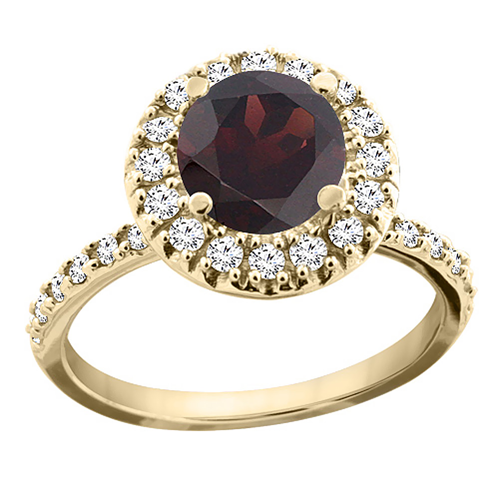 14K Yellow Gold Natural Garnet Ring Round 8mm Floating Halo Diamond, sizes 5 - 10