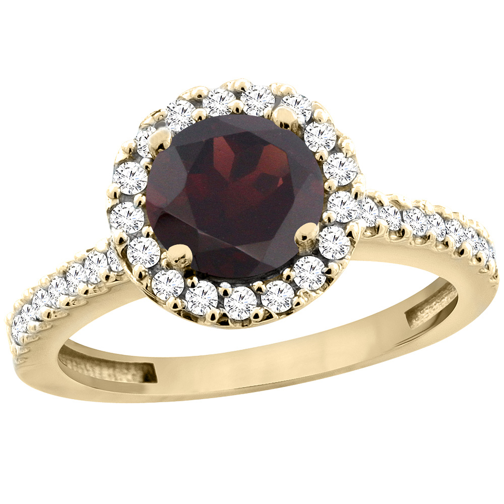 14K Yellow Gold Natural Garnet Ring Round 6mm Floating Halo Diamond, sizes 5 - 10