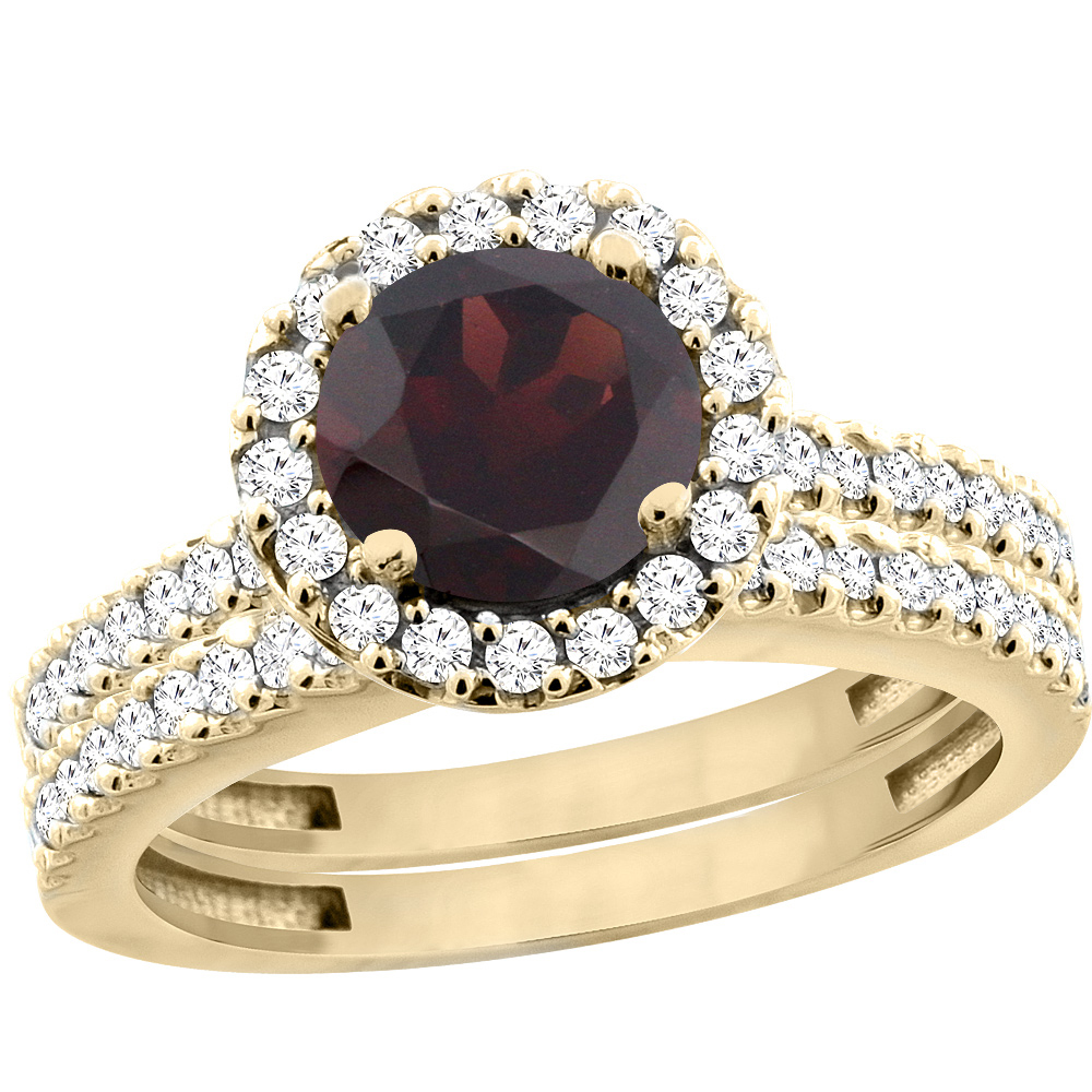 14K Yellow Gold Natural Garnet Round 6mm 2-Piece Engagement Ring Set Floating Halo Diamond, sizes 5 - 10