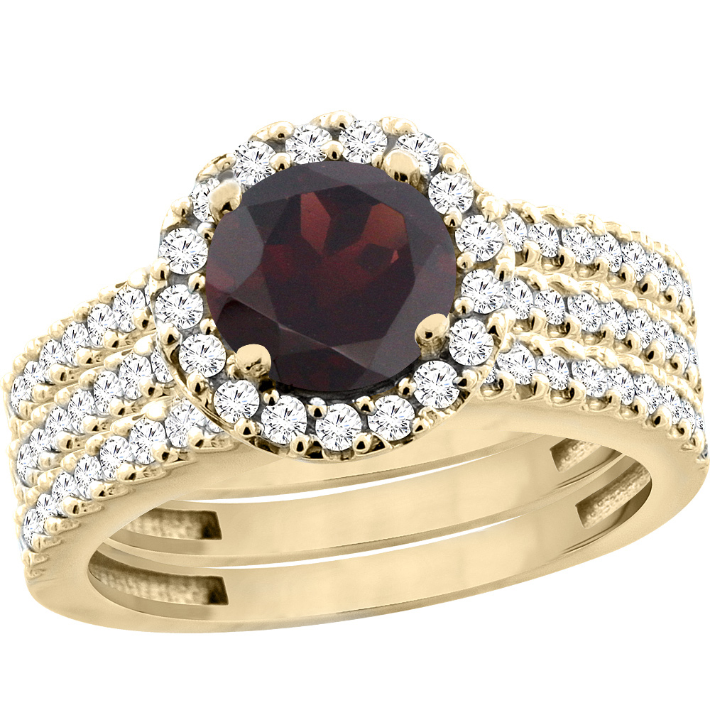 10K Yellow Gold Natural Garnet 3-Piece Bridal Ring Set Round 6mm Halo Diamond, sizes 5 - 10