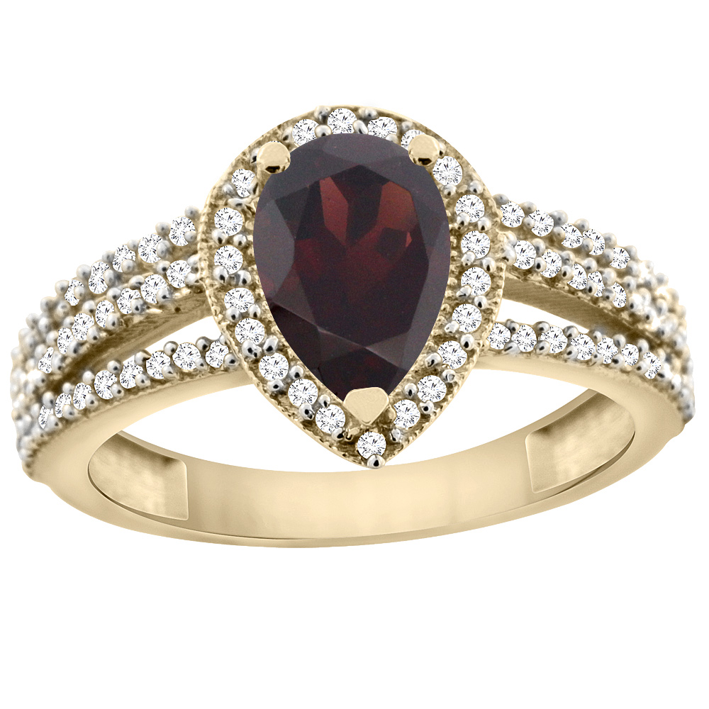 10K Yellow Gold Natural Garnet Ring 9x7 Pear Halo Diamond, sizes 5 - 10