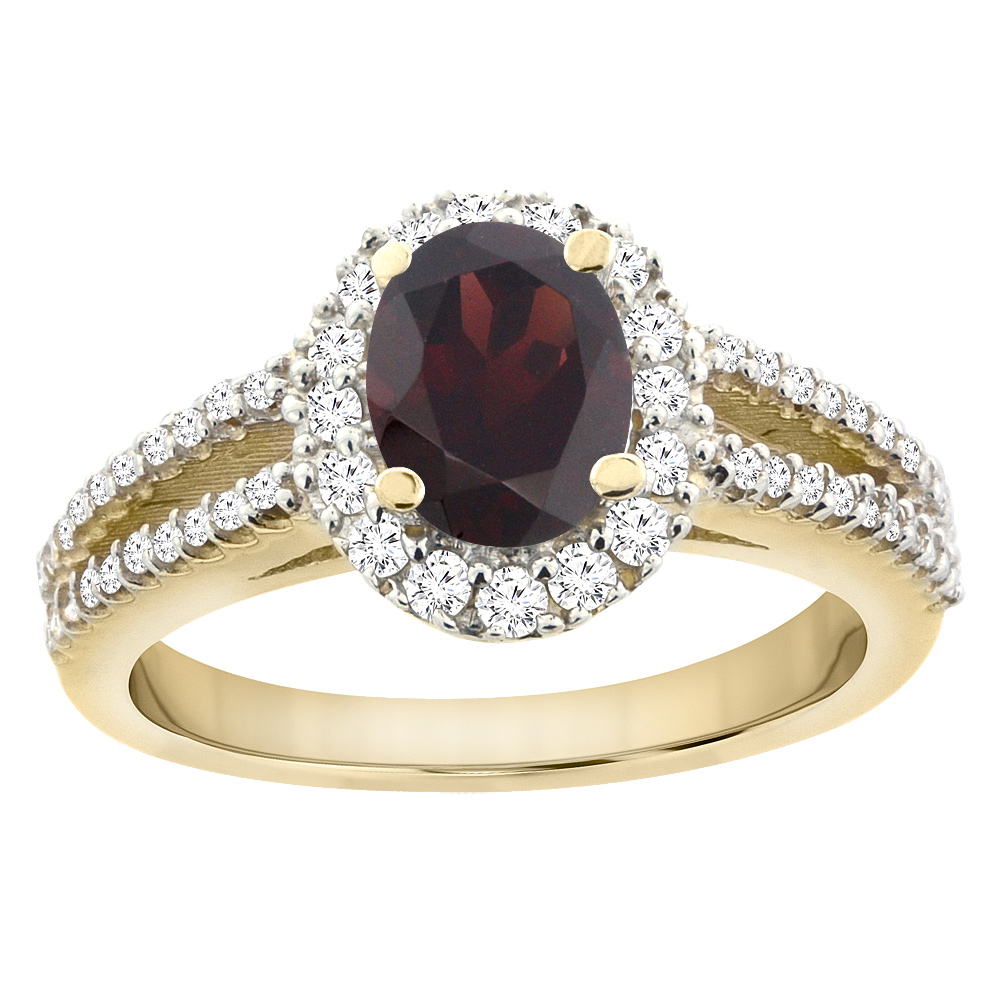 10K Yellow Gold Natural Garnet Split Shank Halo Engagement Ring Oval 7x5 mm, sizes 5 - 10