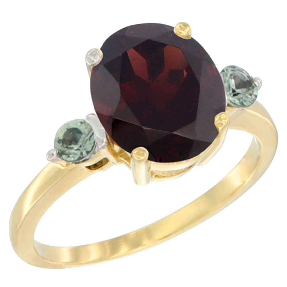 10K Yellow Gold 10x8mm Oval Natural Garnet Ring for Women Green Sapphire Side-stones sizes 5 - 10