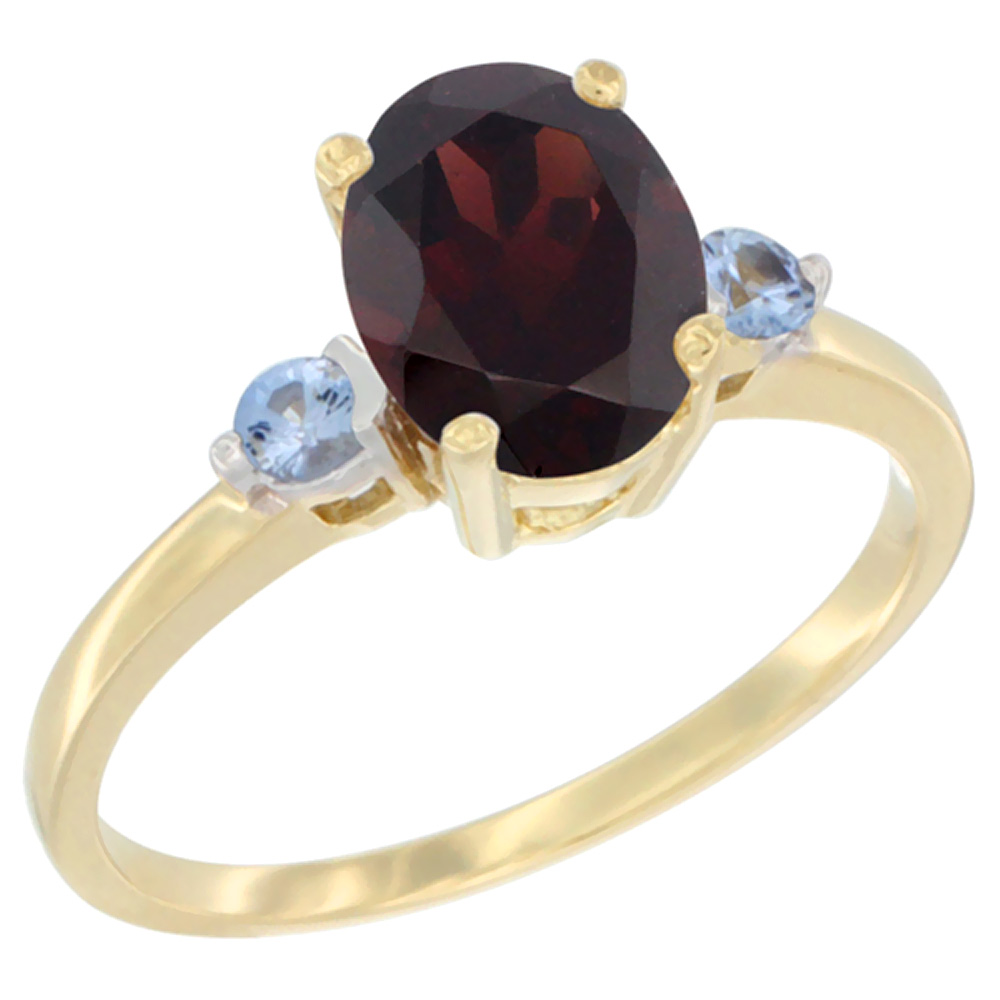 10K Yellow Gold Natural Garnet Ring Oval 9x7 mm Light Blue Sapphire Accent, sizes 5 to 10