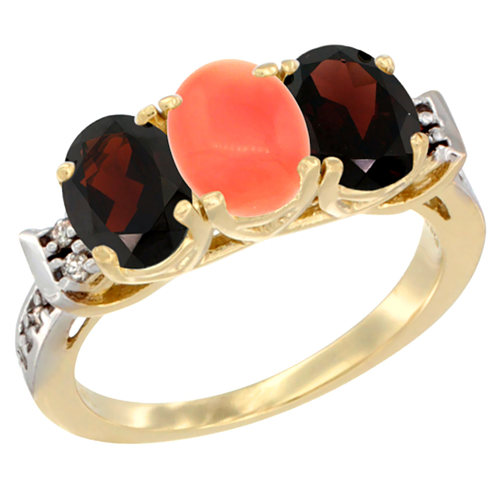 14K Yellow Gold Natural Coral & Garnet Sides Ring 3-Stone 7x5 mm Oval Diamond Accent, sizes 5 - 10