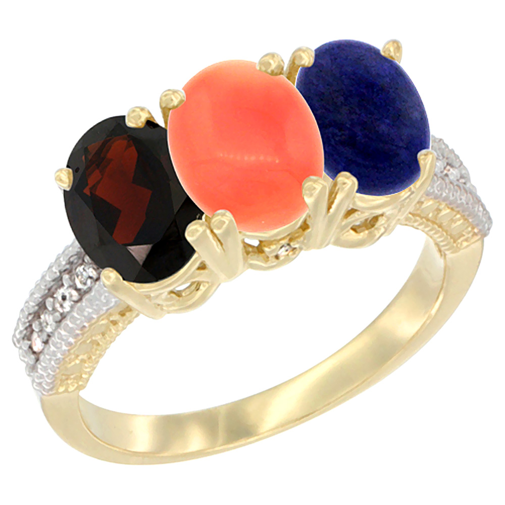 10K Yellow Gold Diamond Natural Garnet, Coral & Lapis Ring 3-Stone 7x5 mm Oval, sizes 5 - 10