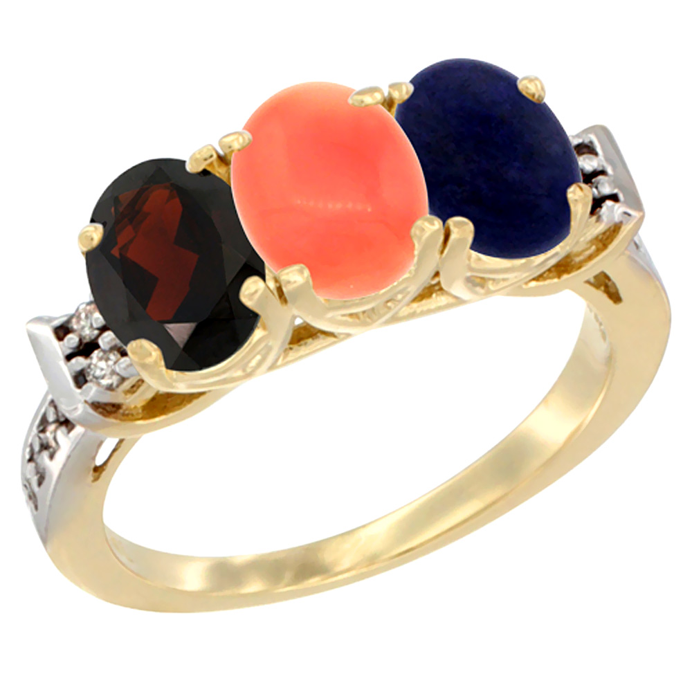 14K Yellow Gold Natural Garnet, Coral & Lapis Ring 3-Stone 7x5 mm Oval Diamond Accent, sizes 5 - 10