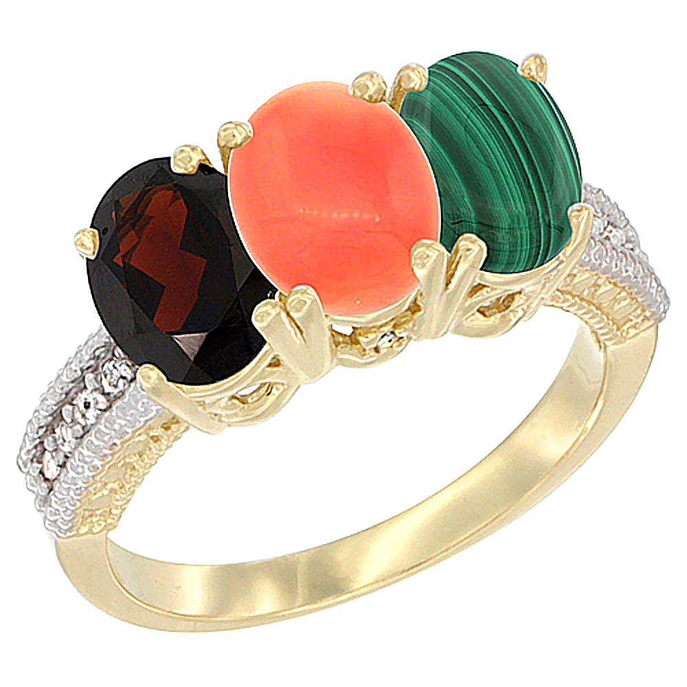 14K Yellow Gold Natural Garnet, Coral &amp; Malachite Ring 3-Stone 7x5 mm Oval Diamond Accent, sizes 5 - 10