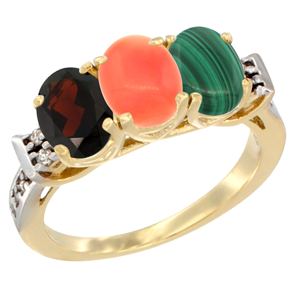 14K Yellow Gold Natural Garnet, Coral &amp; Malachite Ring 3-Stone 7x5 mm Oval Diamond Accent, sizes 5 - 10