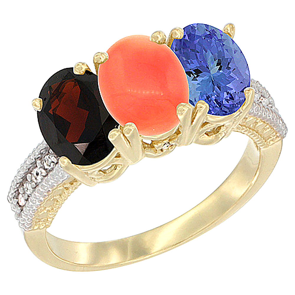 10K Yellow Gold Diamond Natural Garnet, Coral & Tanzanite Ring 3-Stone 7x5 mm Oval, sizes 5 - 10