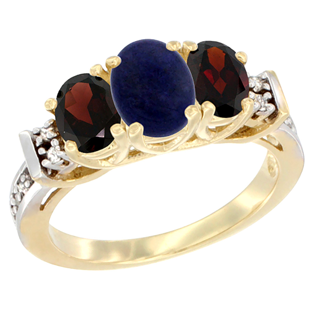 10K Yellow Gold Natural Lapis & Garnet Ring 3-Stone Oval Diamond Accent