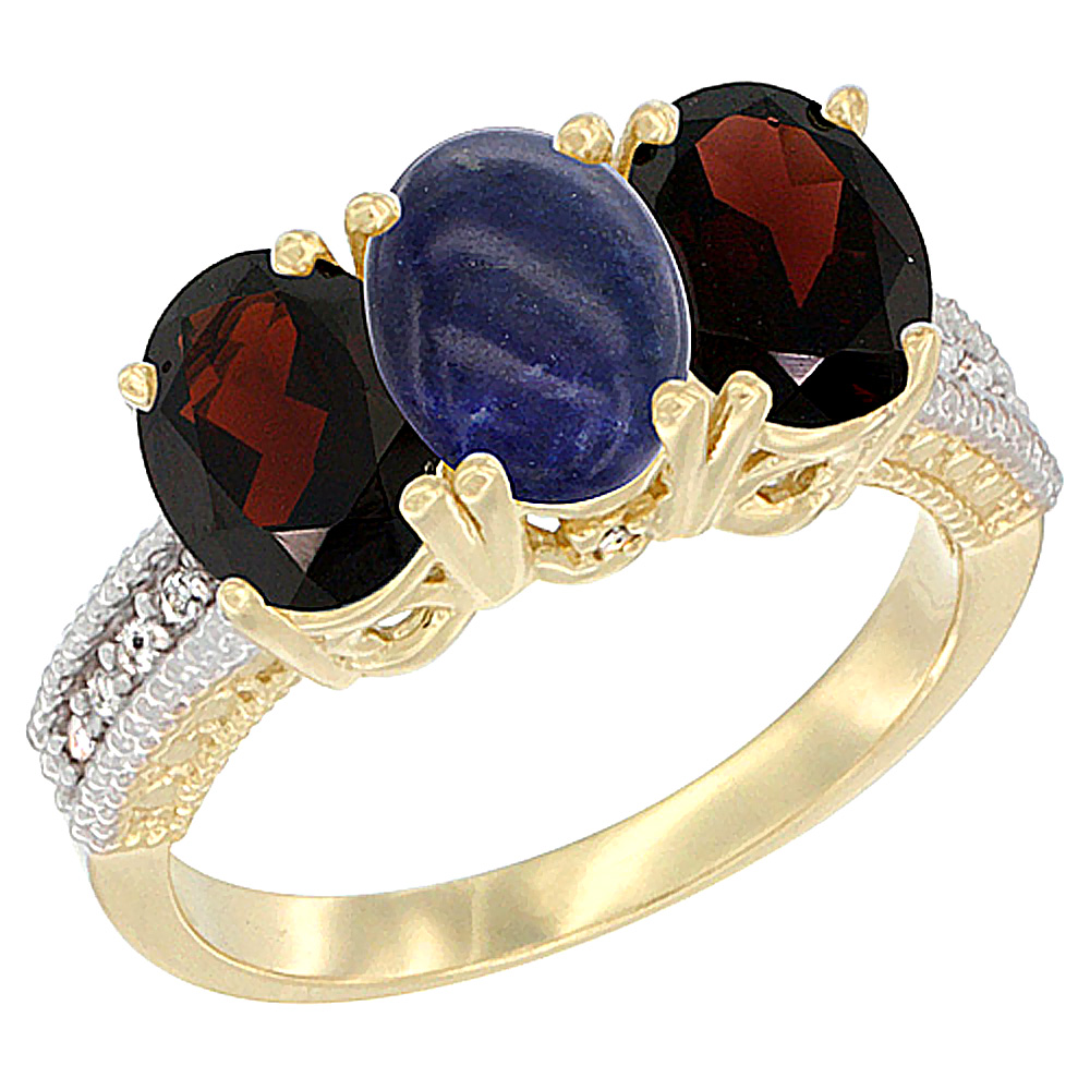 14K Yellow Gold Natural Malachite & Garnet Sides Ring 3-Stone 7x5 mm Oval Diamond Accent, sizes 5 - 10