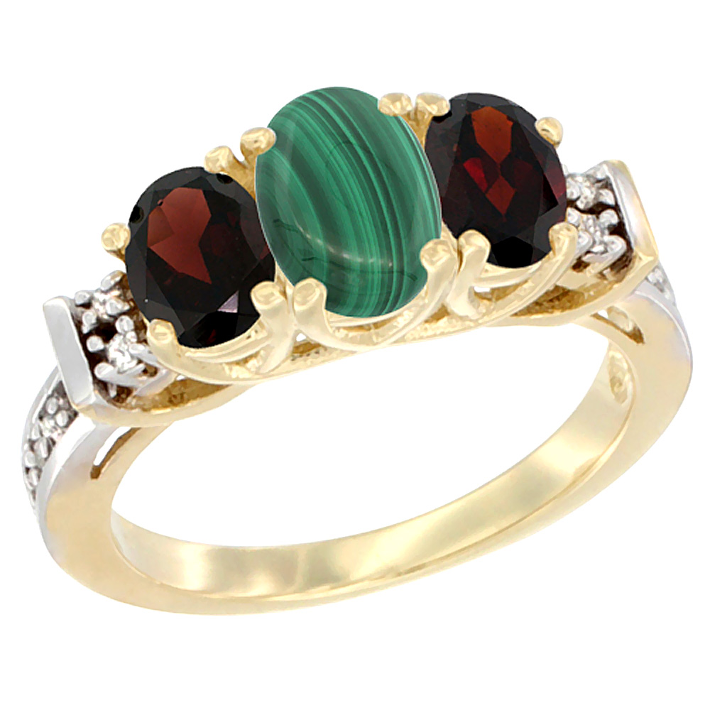 14K Yellow Gold Natural Malachite & Garnet Ring 3-Stone Oval Diamond Accent