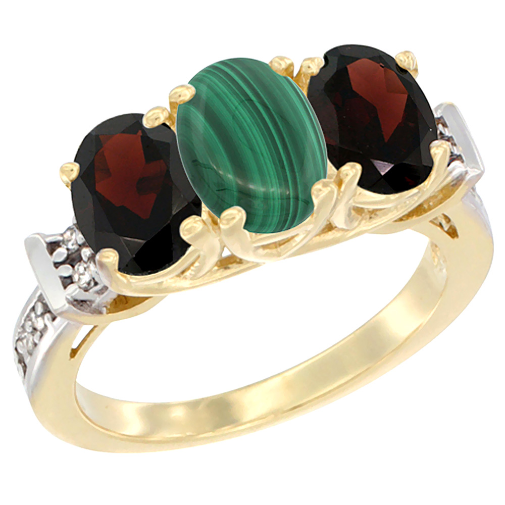 14K Yellow Gold Natural Malachite & Garnet Sides Ring 3-Stone Oval Diamond Accent, sizes 5 - 10