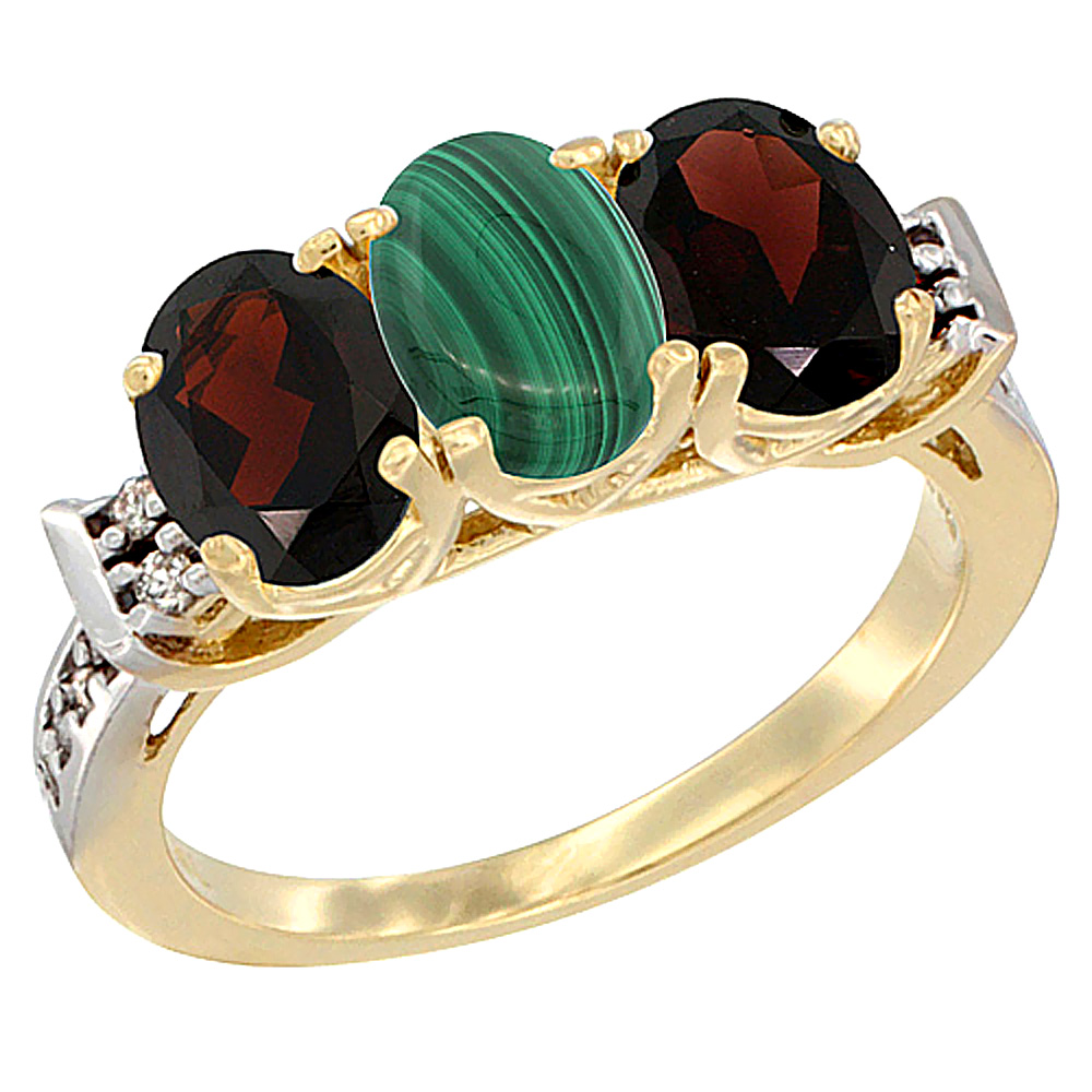 14K Yellow Gold Natural Malachite & Garnet Sides Ring 3-Stone 7x5 mm Oval Diamond Accent, sizes 5 - 10