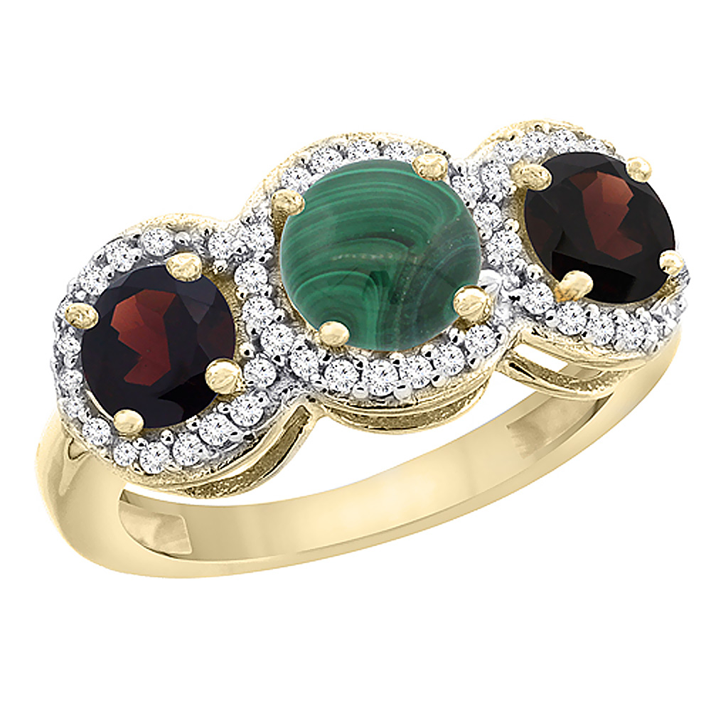 10K Yellow Gold Natural Malachite & Garnet Sides Round 3-stone Ring Diamond Accents, sizes 5 - 10
