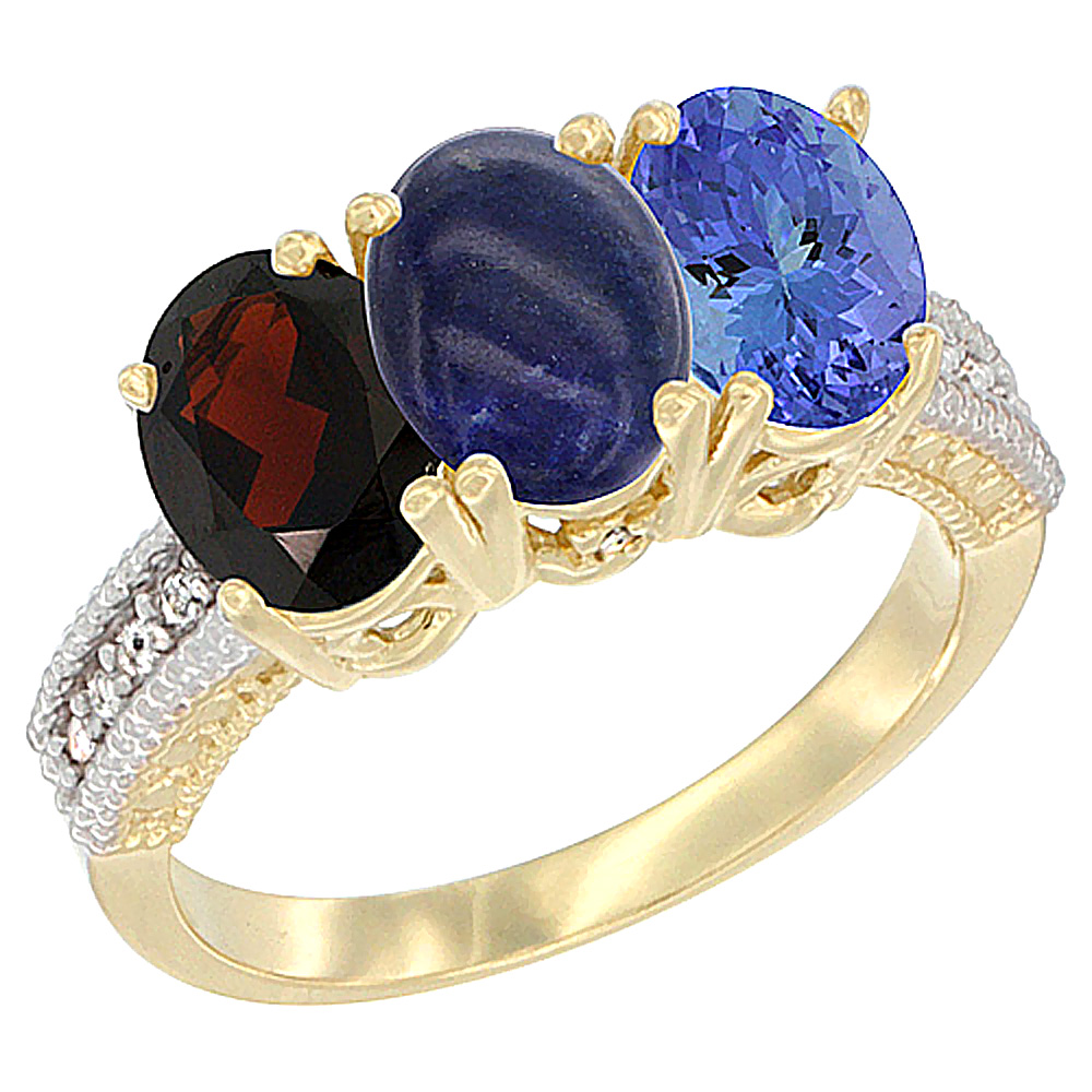 14K Yellow Gold Natural Garnet, Malachite & Tanzanite Ring 3-Stone 7x5 mm Oval Diamond Accent, sizes 5 - 10