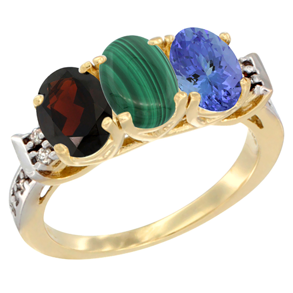 14K Yellow Gold Natural Garnet, Malachite &amp; Tanzanite Ring 3-Stone 7x5 mm Oval Diamond Accent, sizes 5 - 10