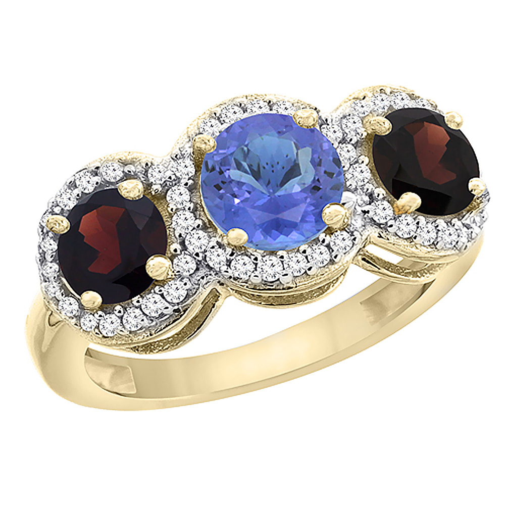 10K Yellow Gold Natural Tanzanite & Garnet Sides Round 3-stone Ring Diamond Accents, sizes 5 - 10