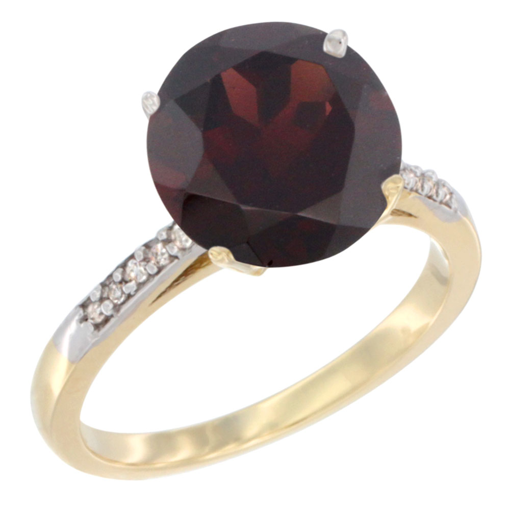 10K Yellow Gold Natural Garnet Ring Round 10mm Diamond accent, sizes 5 - 10