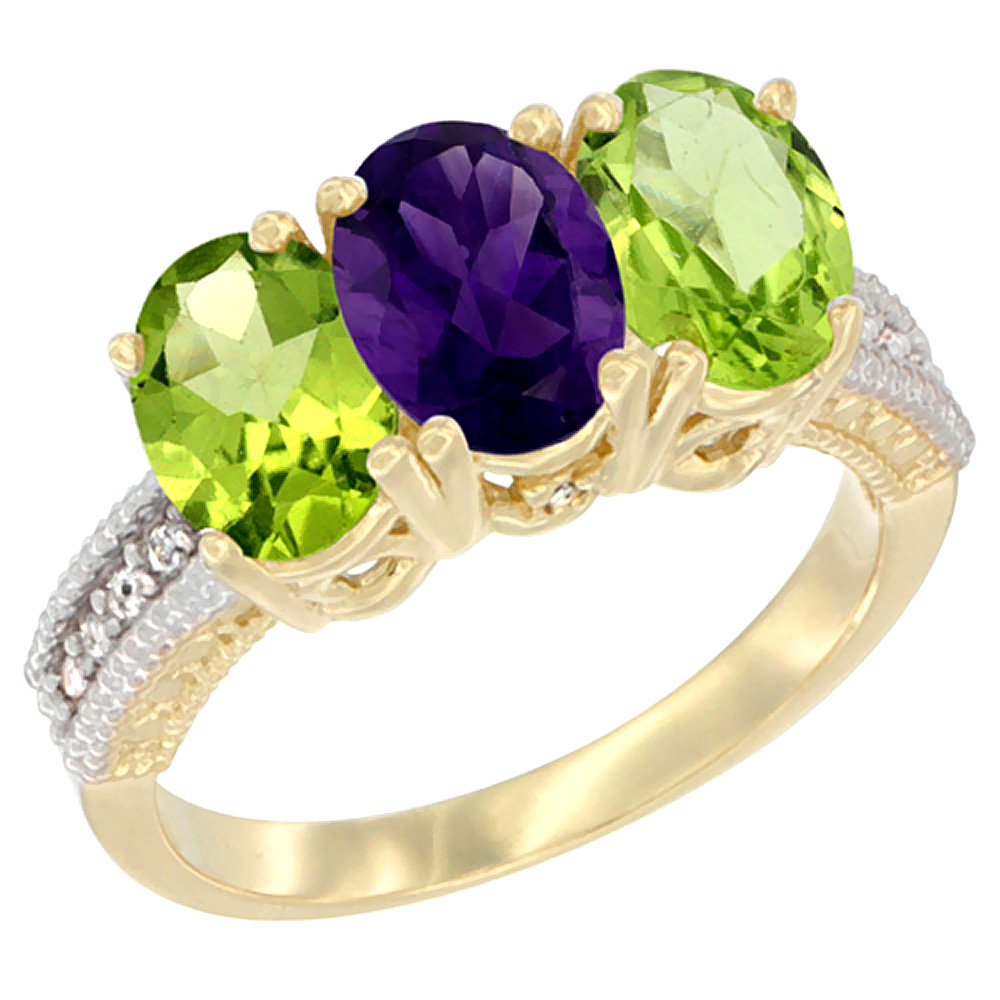 10K Yellow Gold Diamond Natural Amethyst & Peridot Ring 3-Stone 7x5 mm Oval, sizes 5 - 10