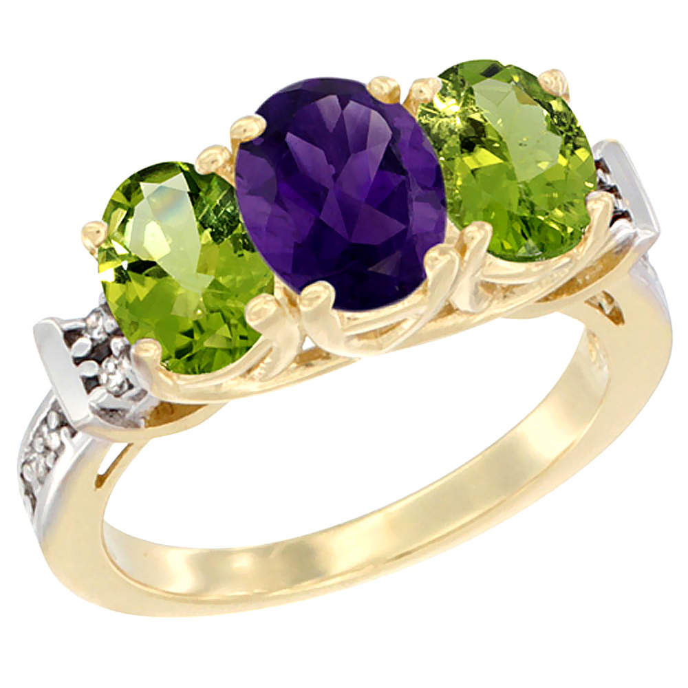14K Yellow Gold Natural Amethyst &amp; Peridot Sides Ring 3-Stone Oval Diamond Accent, sizes 5 - 10