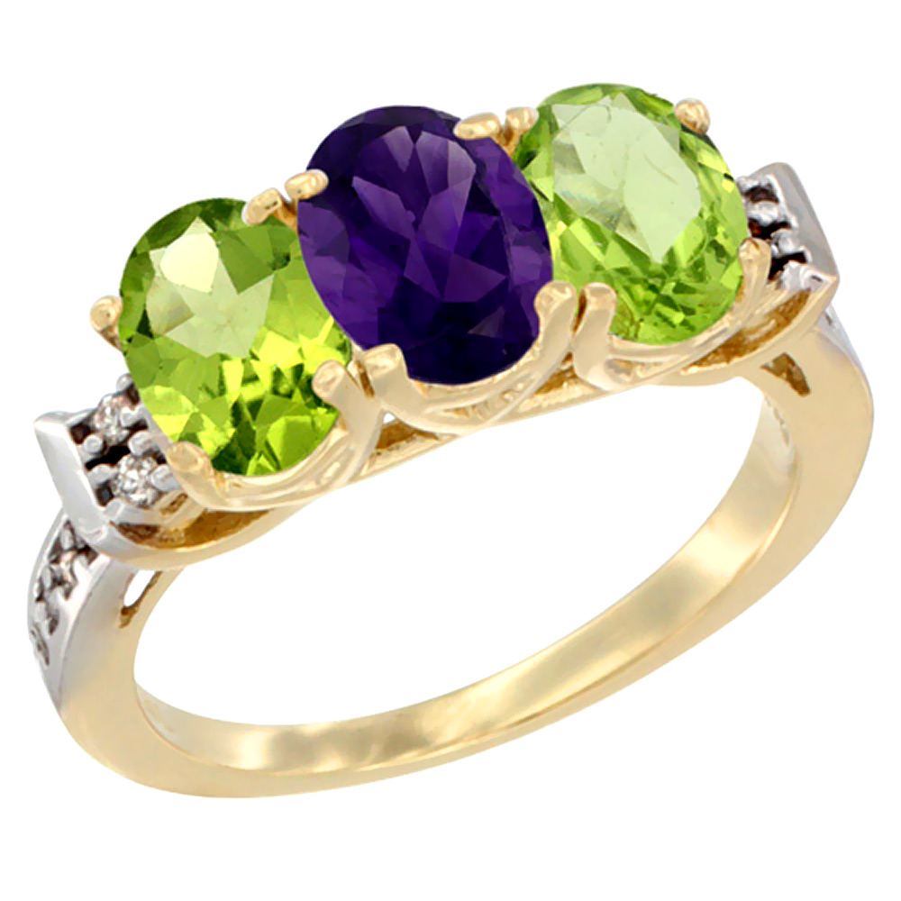 14K Yellow Gold Natural Amethyst &amp; Peridot Sides Ring 3-Stone 7x5 mm Oval Diamond Accent, sizes 5 - 10