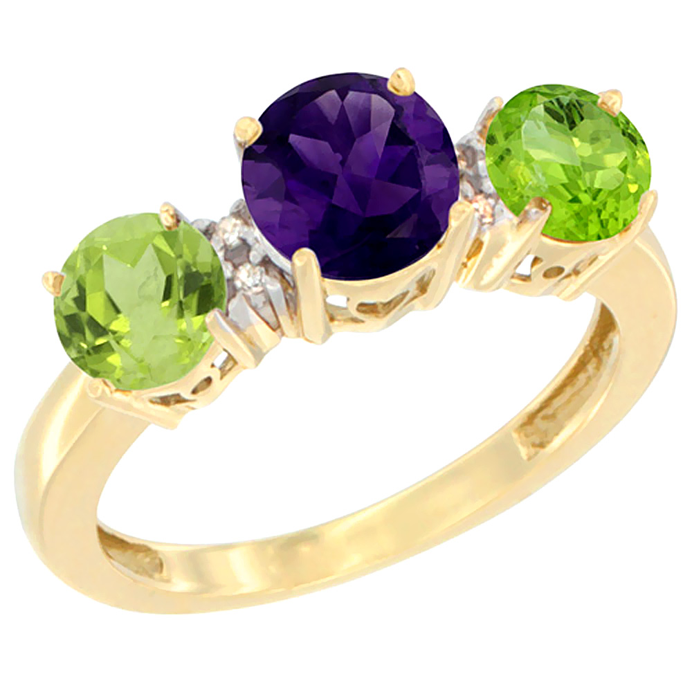 10K Yellow Gold Round 3-Stone Natural Amethyst Ring & Peridot Sides Diamond Accent, sizes 5 - 10