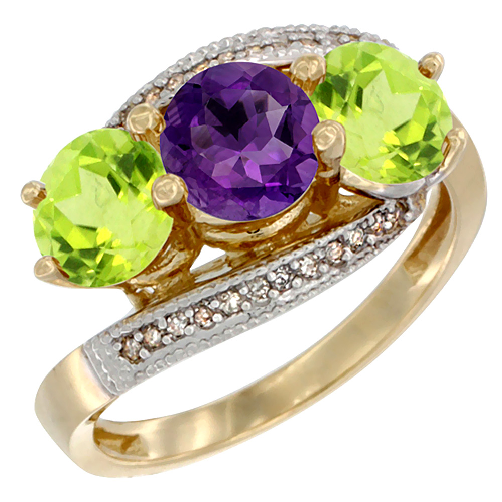 10K Yellow Gold Natural Amethyst &amp; Peridot Sides 3 stone Ring Round 6mm Diamond Accent, sizes 5 - 10