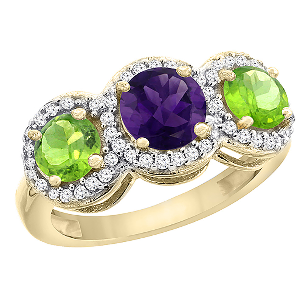 10K Yellow Gold Natural Amethyst &amp; Peridot Sides Round 3-stone Ring Diamond Accents, sizes 5 - 10