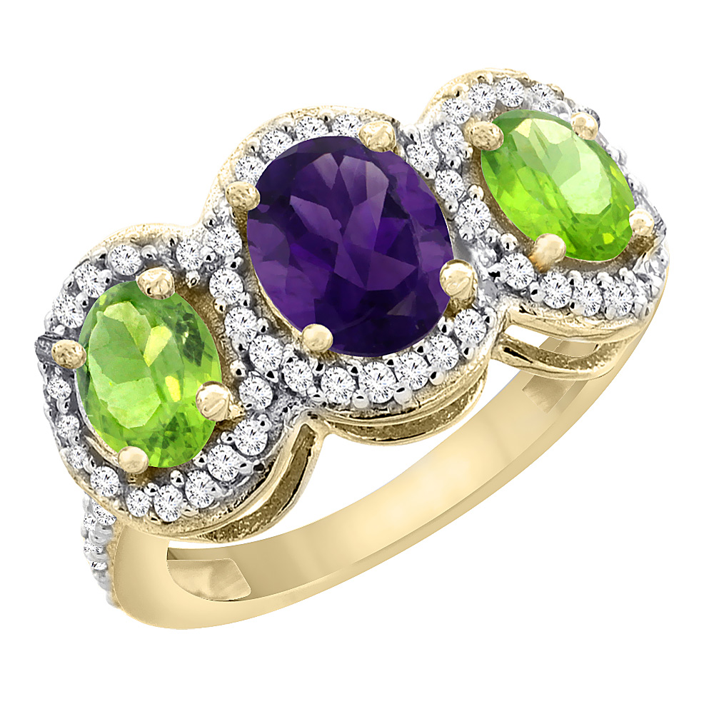 14K Yellow Gold Natural Amethyst & Peridot 3-Stone Ring Oval Diamond Accent, sizes 5 - 10