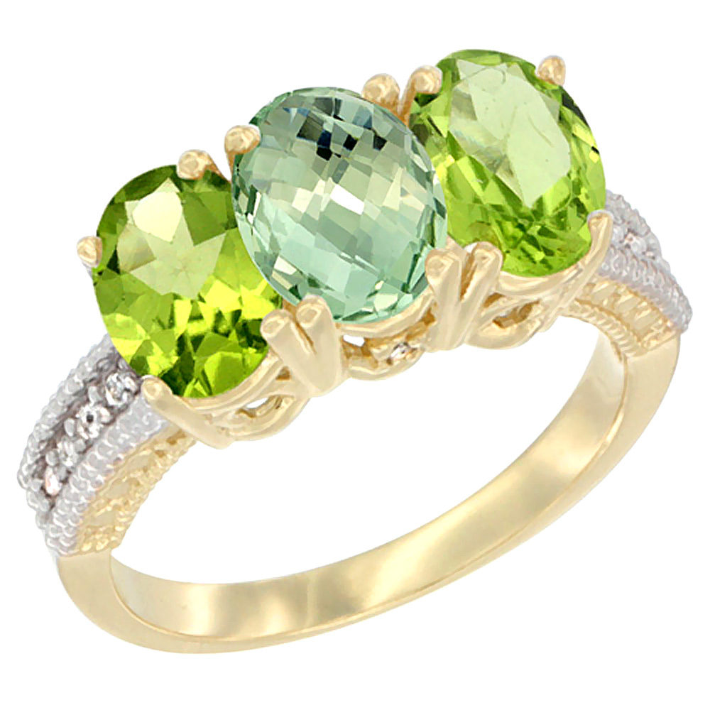 14K Yellow Gold Natural Green Amethyst &amp; Peridot Sides Ring 3-Stone 7x5 mm Oval Diamond Accent, sizes 5 - 10